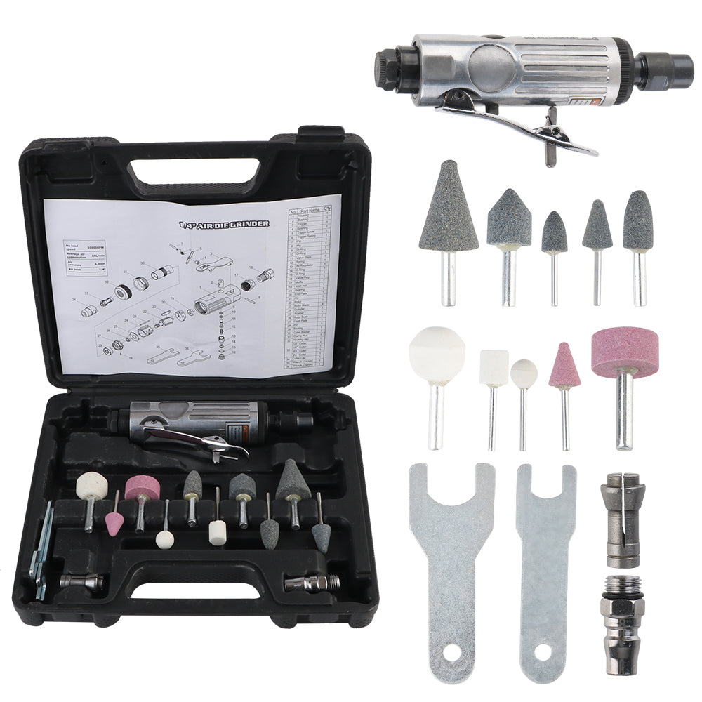 Car Tool Grinding Polishing Machine Kit 1/8" Air Die Grinder 16Pcs Pneumatic Die Grinder 1/4" Air Grinder Mill Engraving Tool